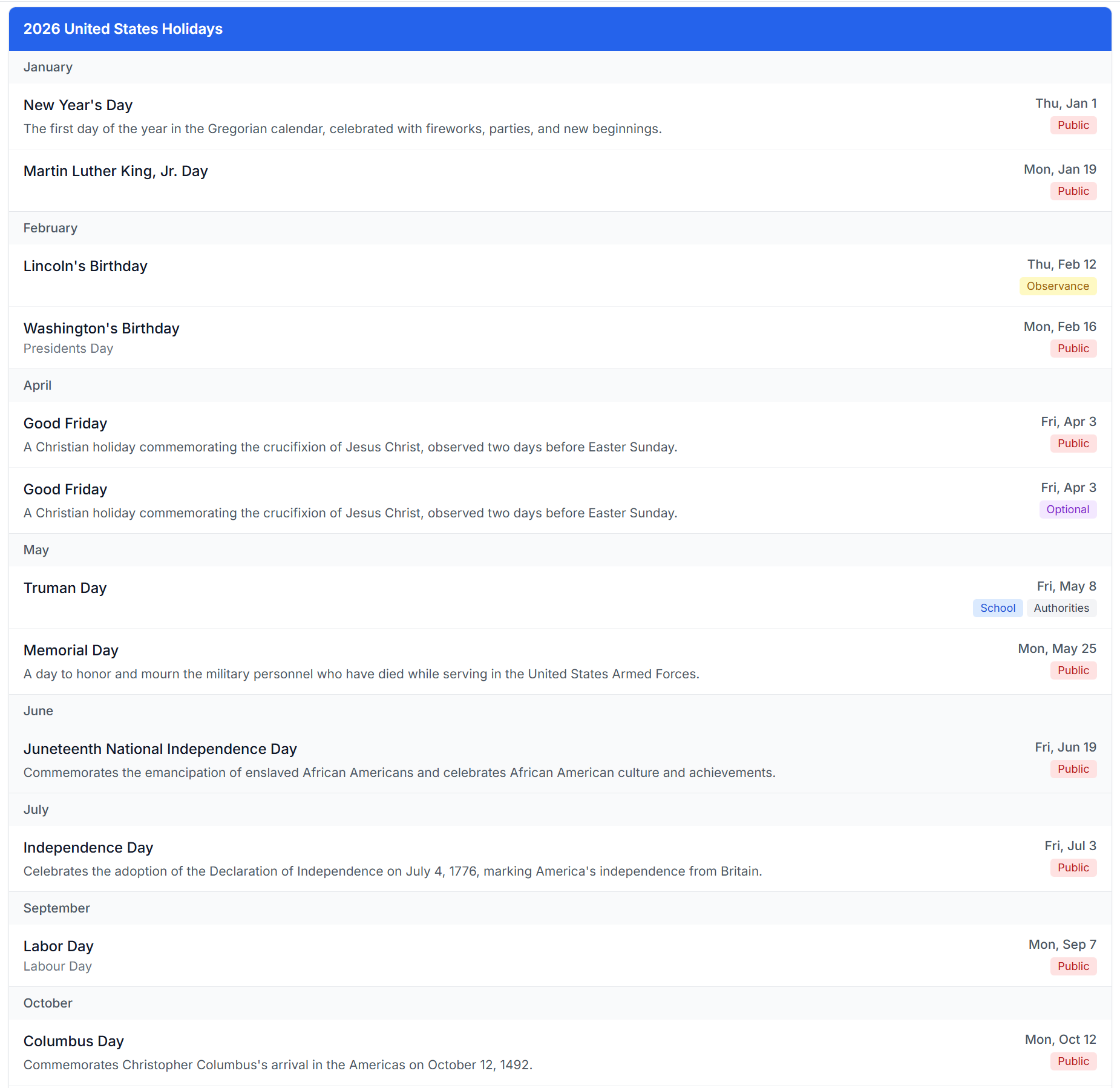 2026 Calendar with Holidays image 3