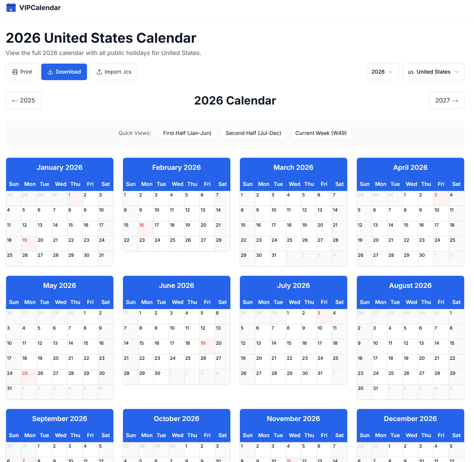 2026 Calendar with Holidays image 1